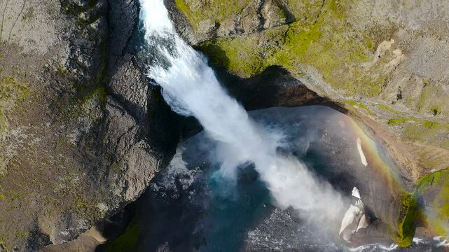 Aerial view of the spectacular Haifoss waterfall and Fossaa River is a waterfall situated in southern Iceland. The waterfall  drops from a height of 122 meters.