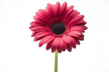 CloseUp of a Vibrant Pink Gerbera Daisy with Dark Center and Green Stem on a White Background