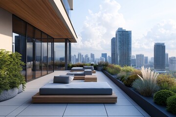 Modern Rooftop Terrace. Cityscape Views, Luxury Outdoor Lounge, and Contemporary Relaxation in Urban Greenery