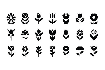 Obraz premium Collection of 21 Black Flat Flower Icons in Minimal Silhouette Style for Nature, Botanical Design, Decoration, and Logo Elements