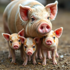 mother pig with her little pigs looking at the camera.