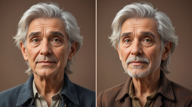 Character age progression illustration showing same person at 30 and 65 years old, realistic
