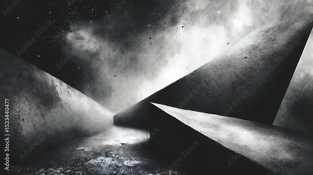 Poster dark futuristic abstract art space concrete geometric shapes and space landscape texture with a retr