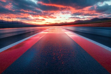 Obraz premium Road at Sunset. Dusk Reflections on Asphalt - Beautiful Vibrant Landscape and Dramatic Sky with Racing Horizon and Silhouette, Photography Elements of Nature and Transportation