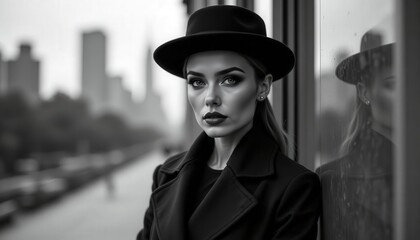 Elegant Monochrome Fashion Portrait of Sophisticated Woman Outdoors