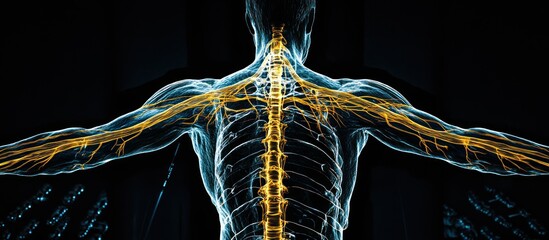 Human nervous system visualization with glowing neural pathways and skeletal frame