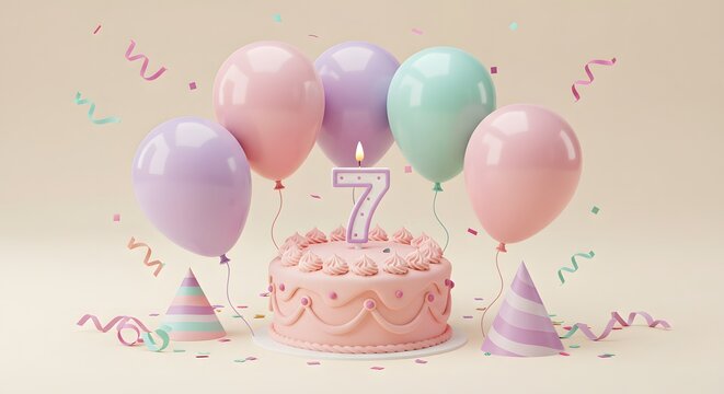 Birthday Cake with Number 7 Candle, Balloons, and Party Hats - Powered by Adobe