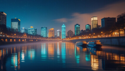 Fototapeta premium City skyline at night reflected in river with bridge and boats under a dark blue and orange sky