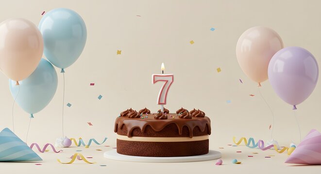 Cake with Number Seven Candle Balloons and Party Hats - Powered by Adobe