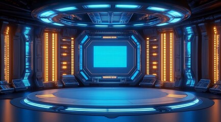 Futuristic Control Room with Circular Platform and Illuminated Panels