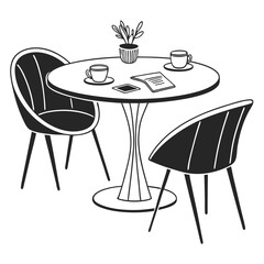 Cozy cafe table scene two chairs coffee cups plant