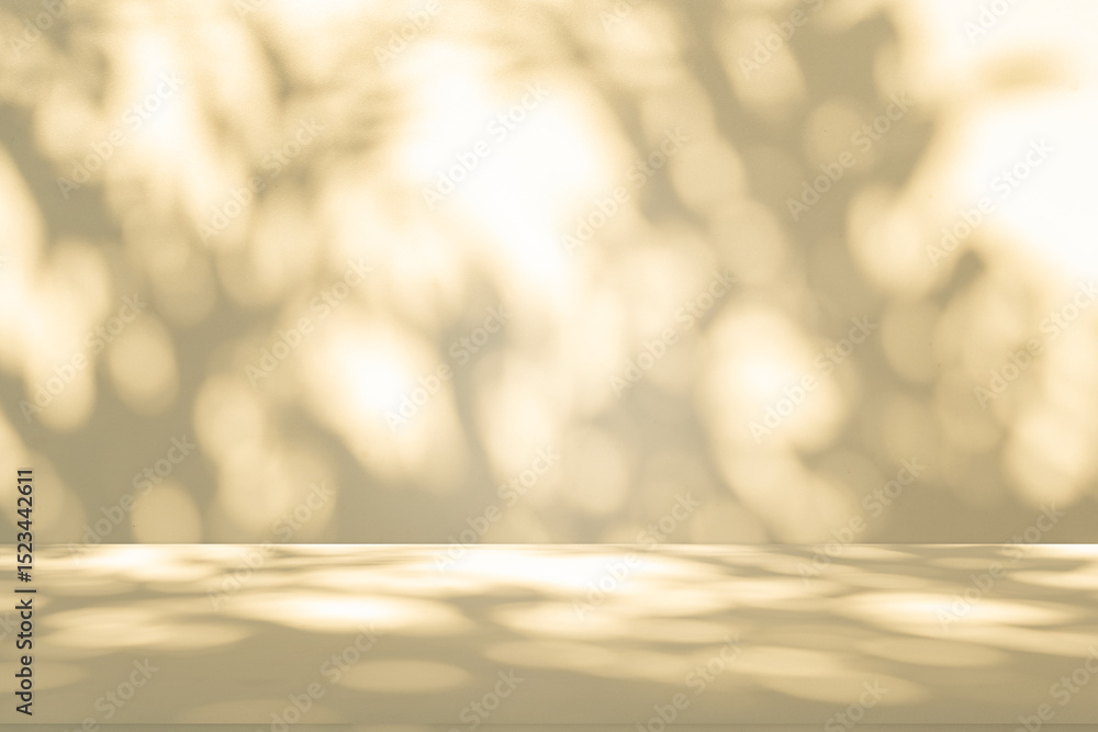 Poster Wall interior background, studio and backdrops show products. with leaf shadow from window color beige and white. background for text insertion and presentation of product	