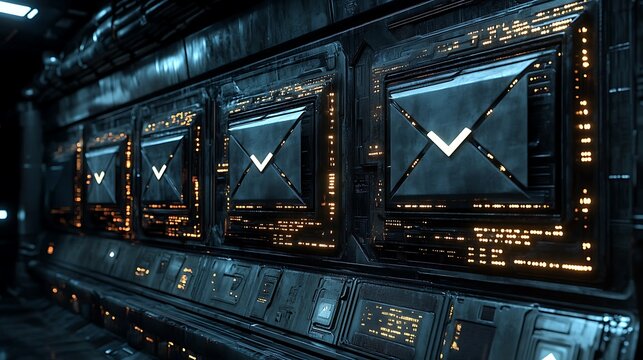 Dark futuristic space station interior with glowing lights and multiple square display panels showing a downward arrow for technology