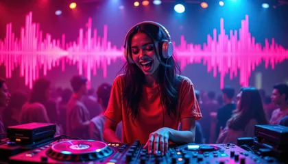Vibrant Young Woman DJing with Colorful Headphones in a Lively Scene © Chantanapa