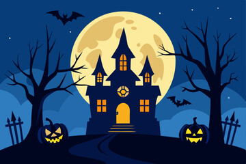 Halloween haunted house silhouette night scene