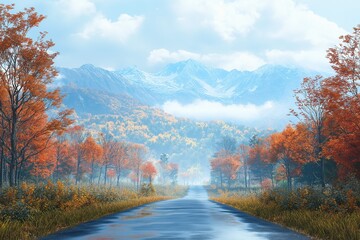 Autumn Road in Scenic Mountain Landscape with Colorful Trees and Misty Sunset Clouds - Perfect for Tranquil Fall Travel and Outdoor Adventures