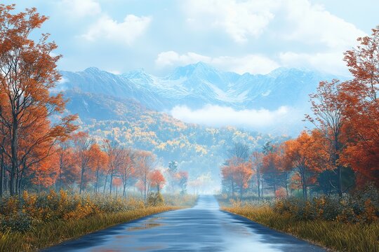 Autumn Road in Scenic Mountain Landscape with Colorful Trees and Misty Sunset Clouds - Perfect for Tranquil Fall Travel and Outdoor Adventures - Powered by Adobe