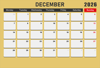 2026 year calendar. month, The week start on monday. EPS file vector.