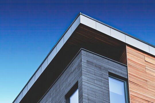Building corner detail stone, wood, aluminum under blue sky