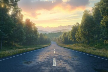 Scenic Mountain Road Landscape with Winding Pathway at Sunset - Perfect for Nature Adventure Travel