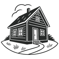 Cozy cottage house home sweet home black and white illustration