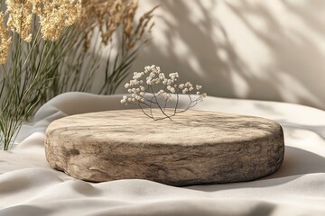 Elegant Minimalist Stone Table Decoration with Dried Flowers and Natural Texture for Contemporary Interior Design Presentation