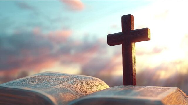 Wooden cross and open Bible with a beautiful sky background