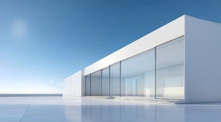 Modern minimalist building with large glass windows under a clear blue sky