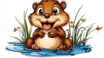 Adorable Cartoon Otter Illustration  Happy Aquatic Mammal in Wetland Habitat
