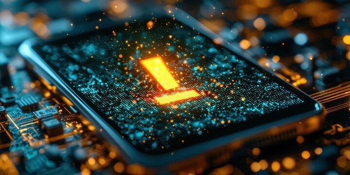 Close-up of a smartphone screen overlaid with a circuit board, particles, and a glowing number one - Powered by Adobe