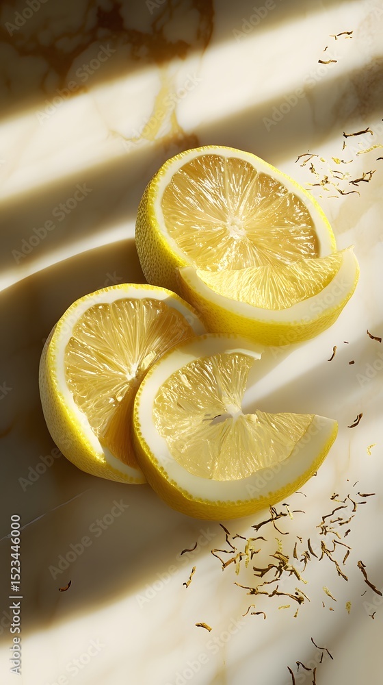 Poster lemon slices arranged on a light surface.