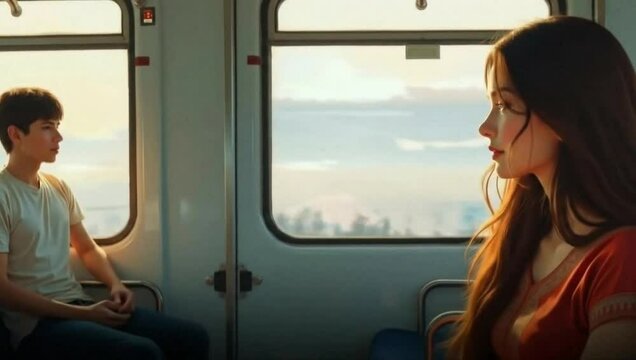 Young brocken love by train, seated by the window