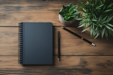 Creative Home Office Workspace Essentials. Spiral Notebook, Pen, and Succulent for Modern Productivity