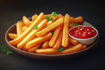 Delicious Crispy French Fry Platter with Ketchup - Perfect Appetizer and Snack for Fast Food Lovers