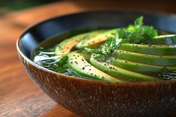 Fresh Avocado Salad Bowl with Cilantro and Black Sesame. A Wholesome and Appetizing Vegetarian Dish