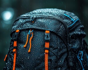 Close-up of a wet hiking backpack