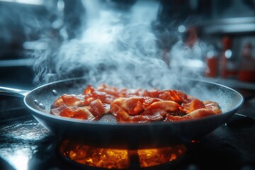 Perfect Crispy Bacon Frying in Pan - Delicious Breakfast Aroma in Restaurant Kitchen