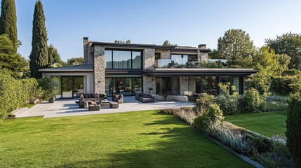Modern luxury home exterior with patio and garden