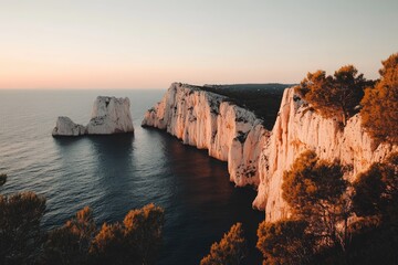 Seaside cliffs jutting into calm waters, bathed in warm sunset light