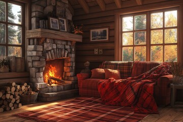 Cozy Autumn Cabin with Fireplace. Scenic Nature Views and Rustic Charm Interior Design
