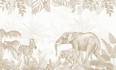 Aged Wildlife Wall Mural: Elephants, Zebras in Retro Brown Tropical Forest © csinie1