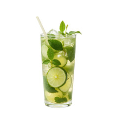 Citrus and mint infused summer drink in a clear glass with ice, slice of lime, fresh herbs, and straw, refreshing beverage concept. png with transparent background.