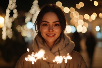 Joyful Winter Celebration. Portrait of a Cheerful Woman With Sparkler Amidst Festive City Lights