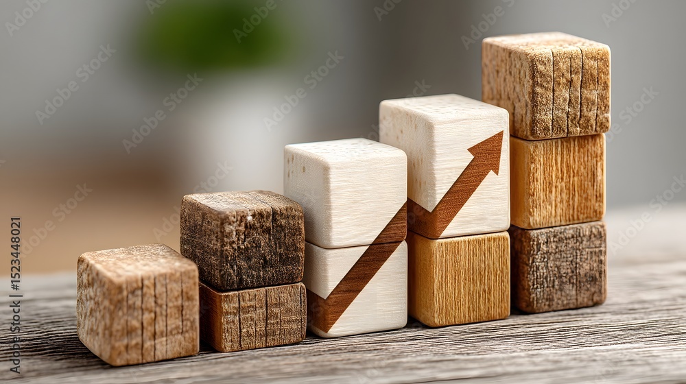 Poster wooden blocks arranged as a growth chart with an arrow pointing upward