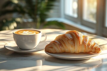 European Breakfast Delight. Savoring Rich Coffee and Flaky Croissants in Cozy Morning Light at a Charming Caf
