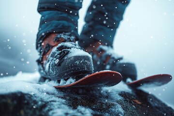Winter Adventure in Snow-Covered Terrain. Boots, Skis, and Snowboarding in Extreme Cold Weather