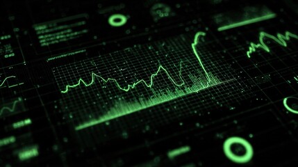 Green digital data graphs and charts on screen