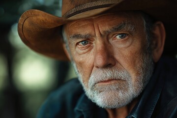 Weathered Cowboy in Sunlit Close-Up. Capturing Rugged Masculinity and Emotional Depth