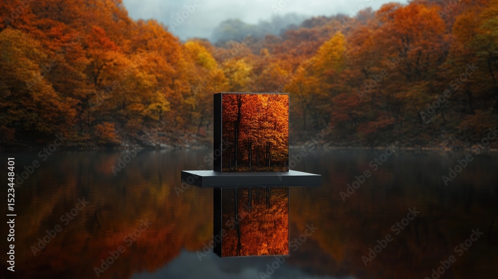 Poster An abstract autumn scene with vibrant orange and red trees reflected in a geometric shape floating above a serene lake, blending nature and modern art