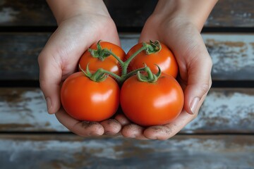 Organic Hands Picking Fresh Red Tomatoes. Healthy and Natural Produce from Garden to Table